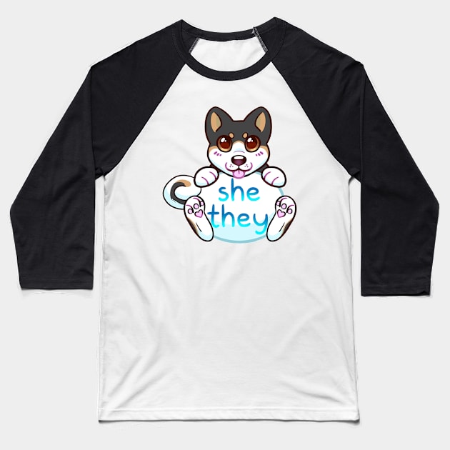 Doggy Pronouns - She/They Baseball T-Shirt by leashonlife